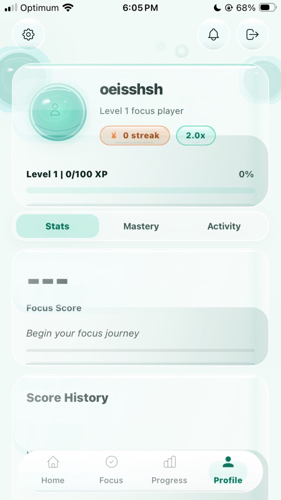 VEX profile screen showing user XP level, streak count, and focus stats.