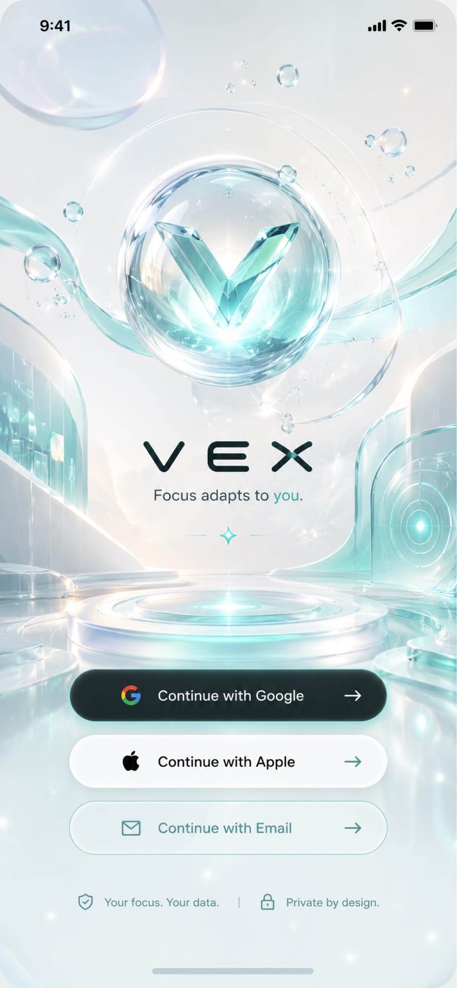 VEX app login screen showing a futuristic turquoise crystal design representing the app's focus intelligence engine.