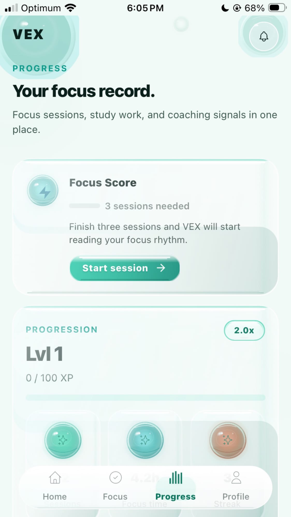 VEX progress dashboard showing focus score, XP level, and achievement badges.